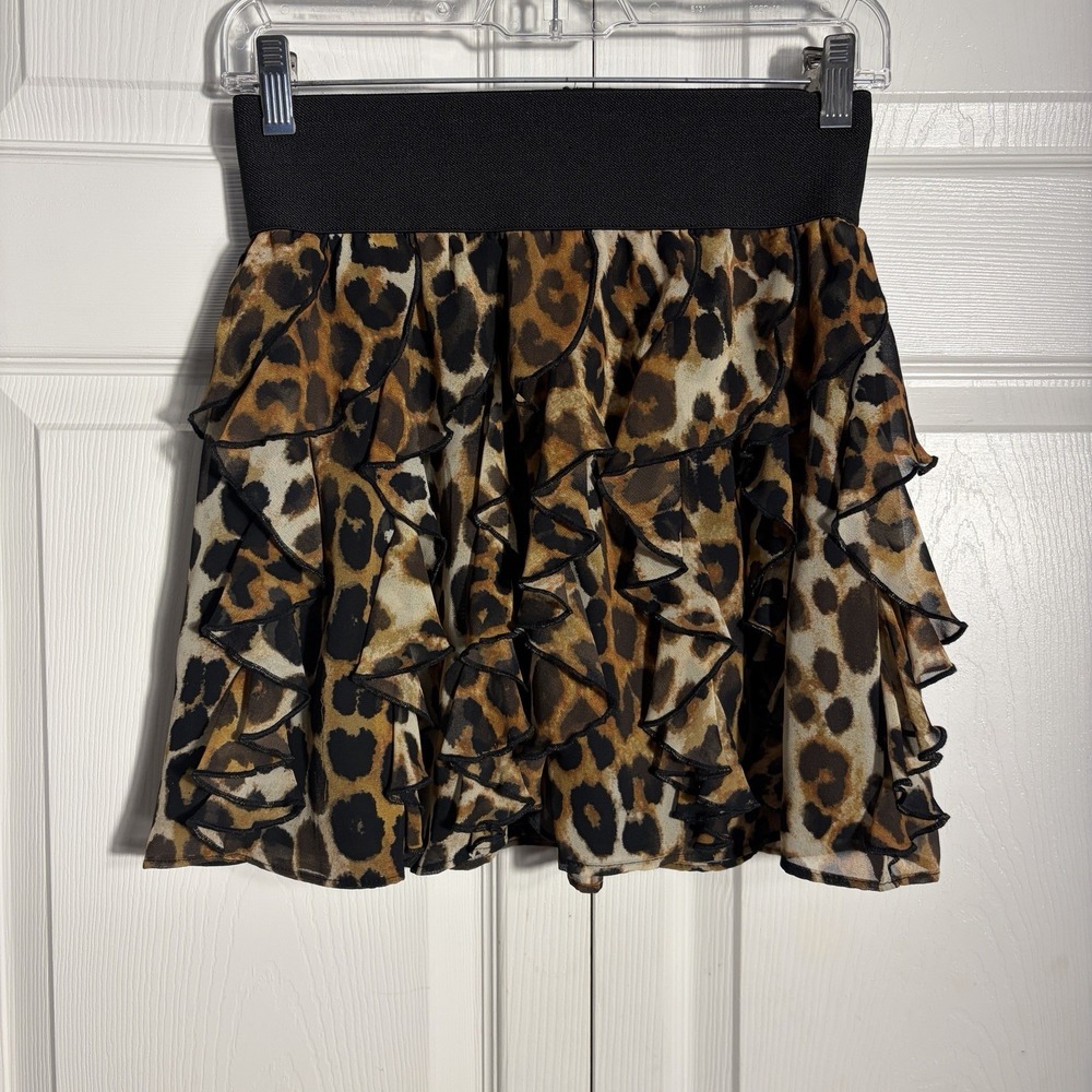 EXPRESS Tiered Ruffle Mini Skirt Women XS Leopard Print Black Elastic Waistband